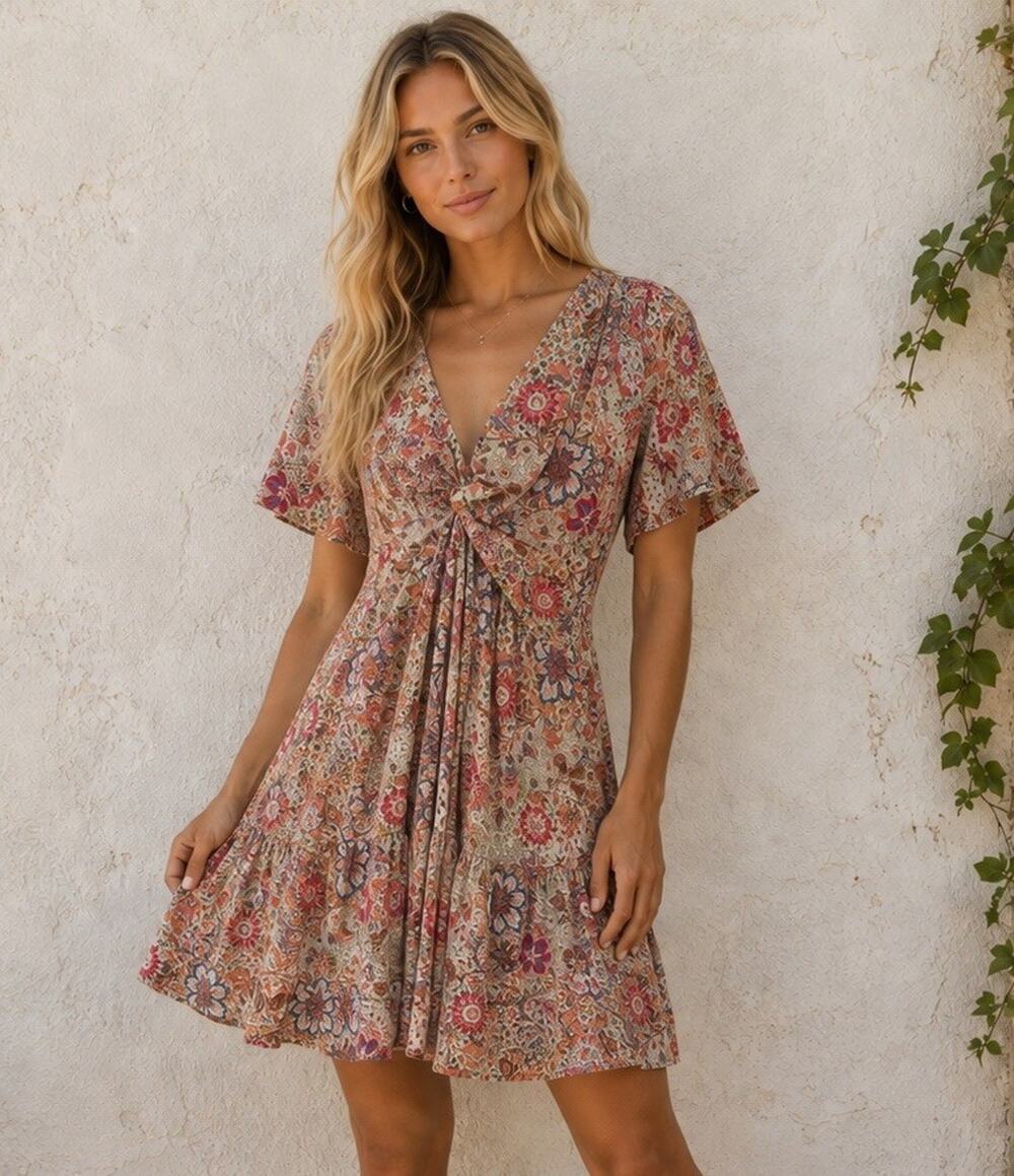 Willow & Root Flounse Twisted Front Dress Womens Size Medium Multicolor BOHO